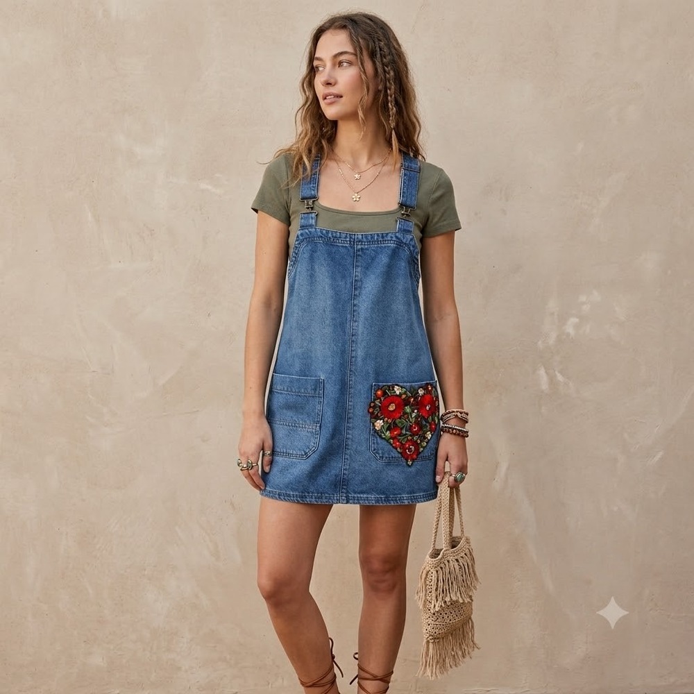 We The Free Overall Dress Womens Small Blue Denim Upcycled Floral Heart Patch